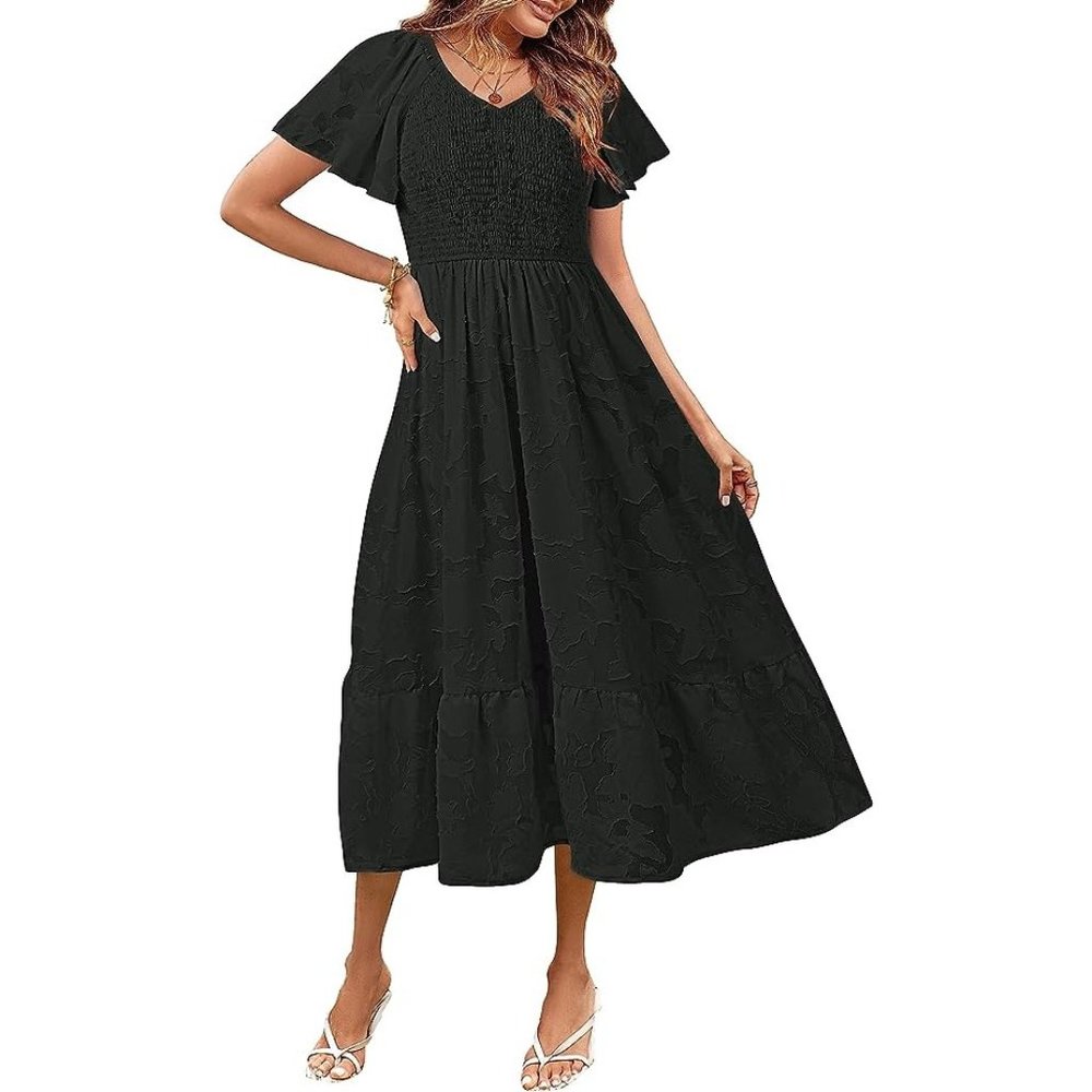 MEROKEETY Women's V Neck Ruffle Sleeve Lace Floral Midi Dress - Summer 2023 Coll